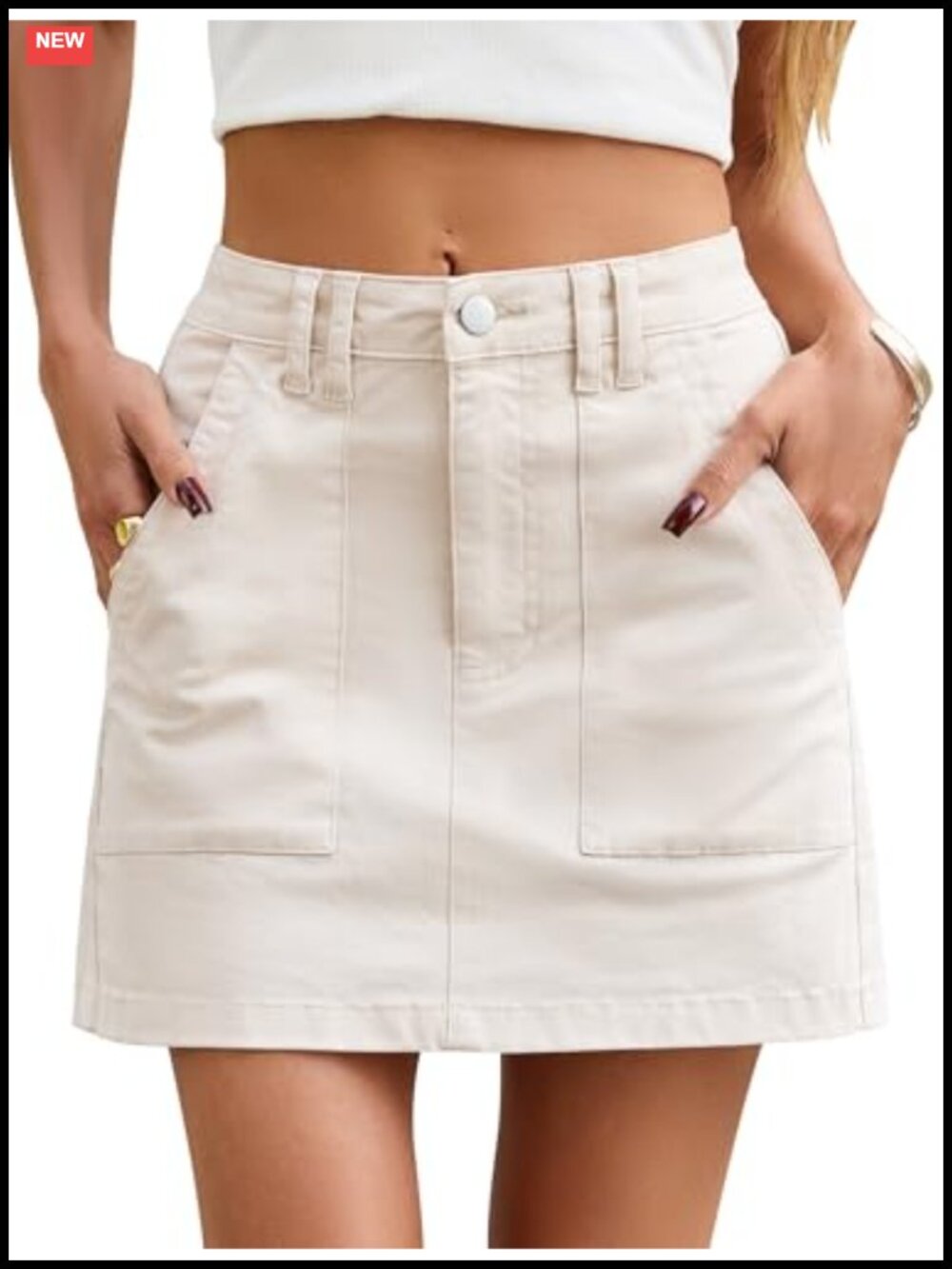 High Waisted Mini Skirt with Pockets Stretch Cotton Women